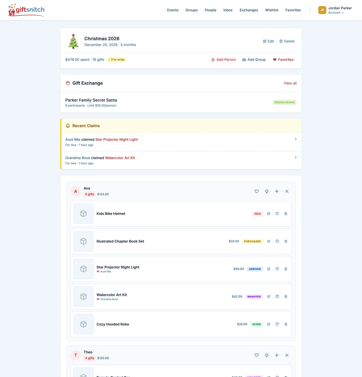 The GiftSnitch family dashboard for Christmas 2026 showing spend tracked per child, recent gift claims, and each gift's status from idea to given.