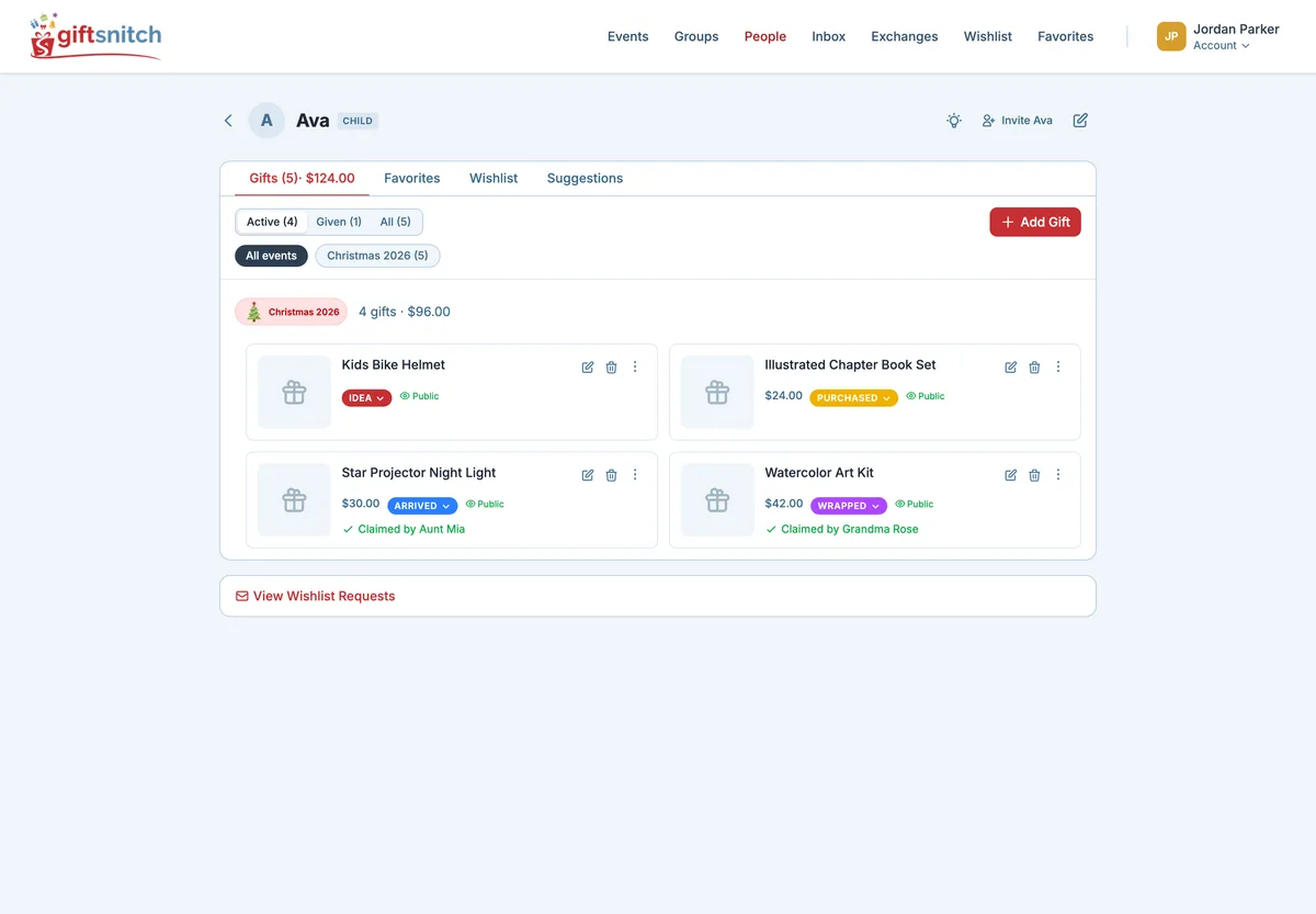 A child's gift list in GiftSnitch with each item's status — idea, purchased, arrived, wrapped — and a note showing which relative has claimed it.