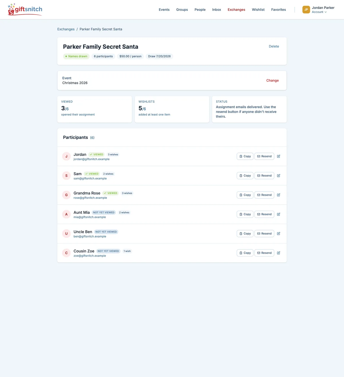 A drawn Secret Santa exchange in GiftSnitch: names already drawn, a per-person budget, and the participant list showing who has opened their assignment and added wishlist items.
